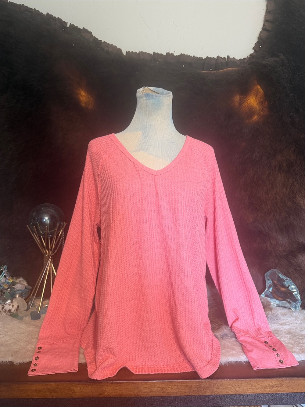 Long Sleeve V-Neck Waffle Knit Top - peachy Pink XL (4050)